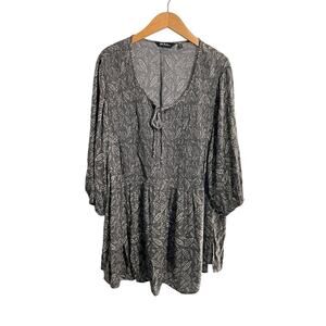 Ulla Popken Gauze Ruched Leaf Pattern Gray Tunic Top Tie Neck Women's Size 16